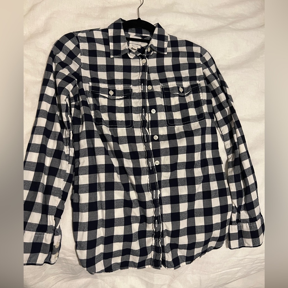 XXS J. crew button up plaid flannel. Navy blue and white plaid.